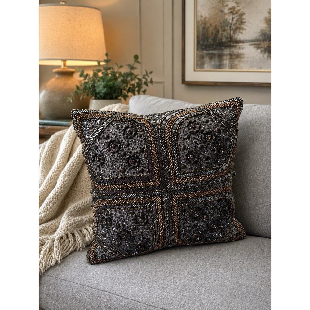 NWT Beautiful Arhaus Gilt Beaded Geometric Pillow Gold Silver Modern Linen